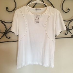 White Zara T-shirt with pearl accents